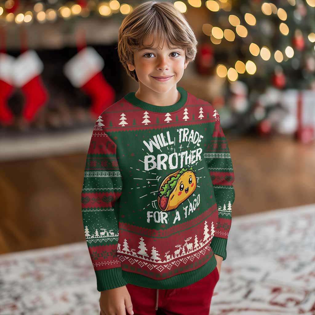 Will Trade Brother For A Taco Knitted Sweatshirt Funny Sibling Cinco De Mayo Taco Lovers - Wonder Print Shop