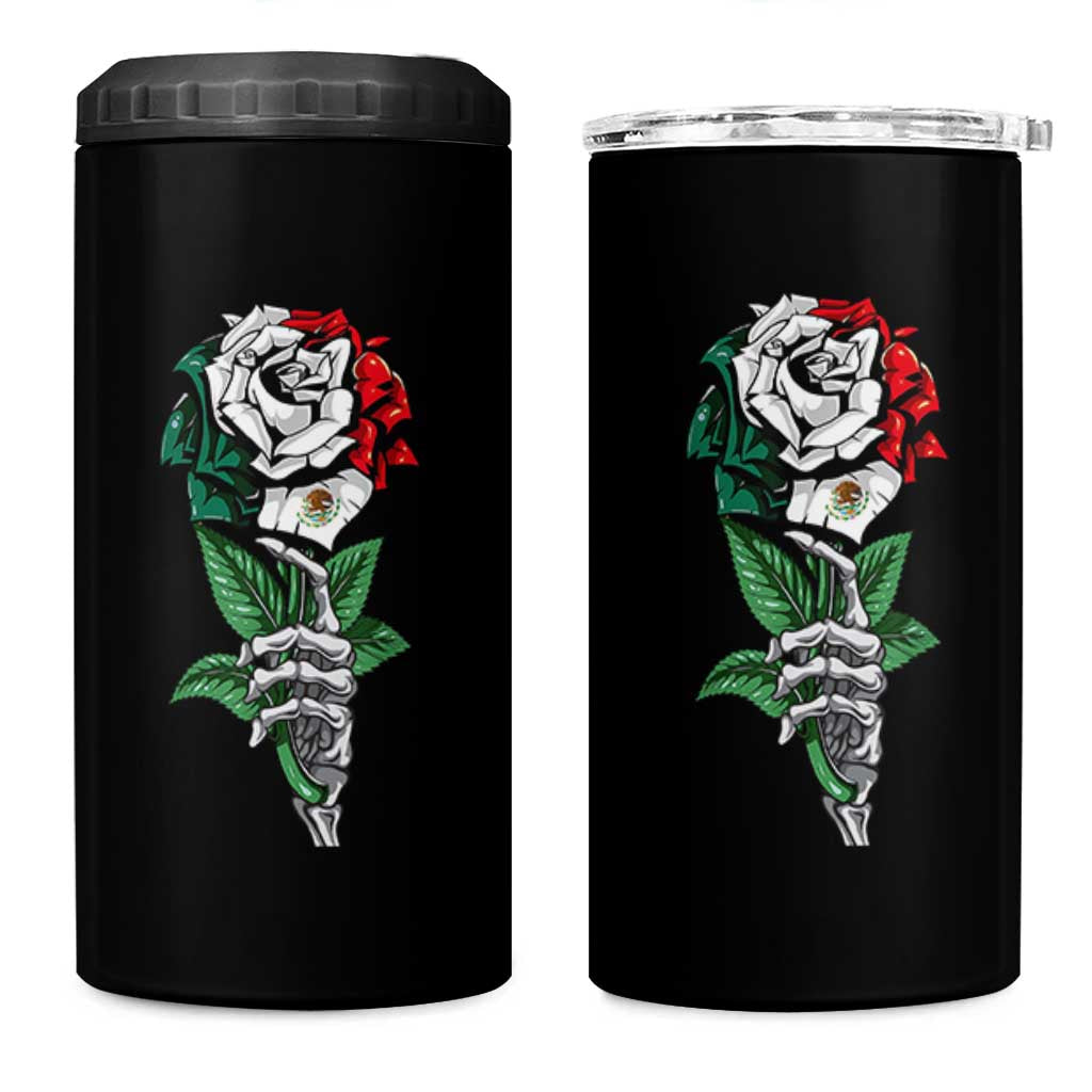 Skeleton Hand Holding Mexico Flag Rose 4 in 1 Can Cooler Tumbler Dia De Los Muertos