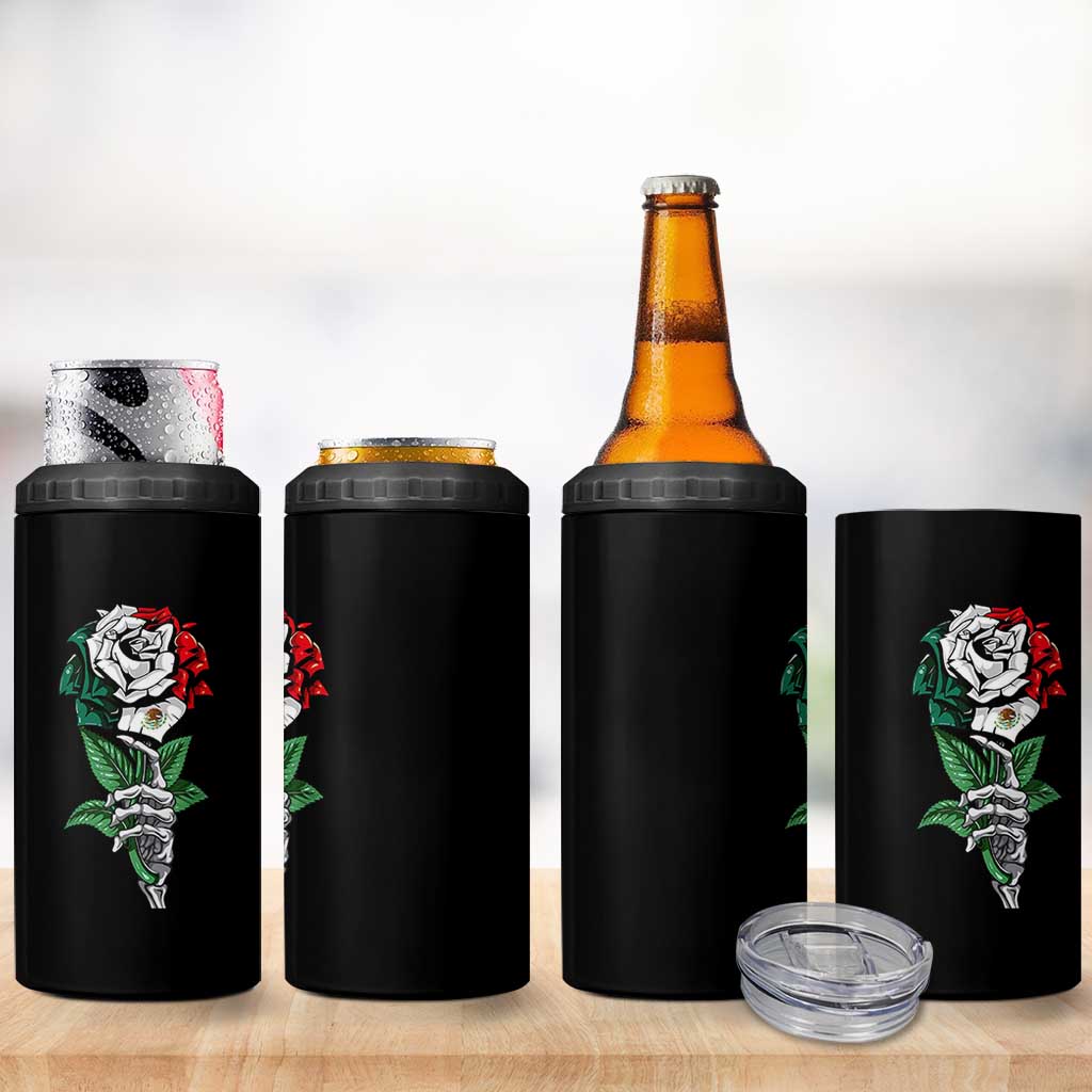 Skeleton Hand Holding Mexico Flag Rose 4 in 1 Can Cooler Tumbler Dia De Los Muertos