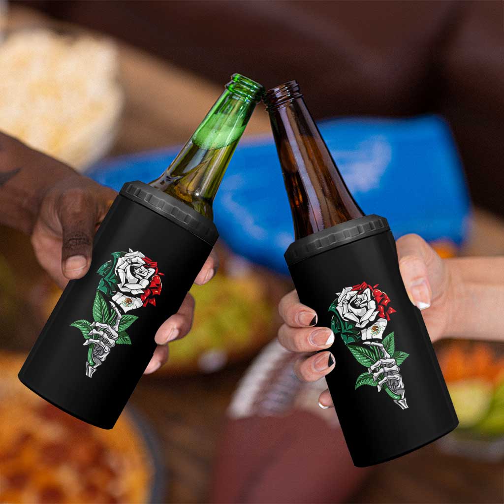 Skeleton Hand Holding Mexico Flag Rose 4 in 1 Can Cooler Tumbler Dia De Los Muertos