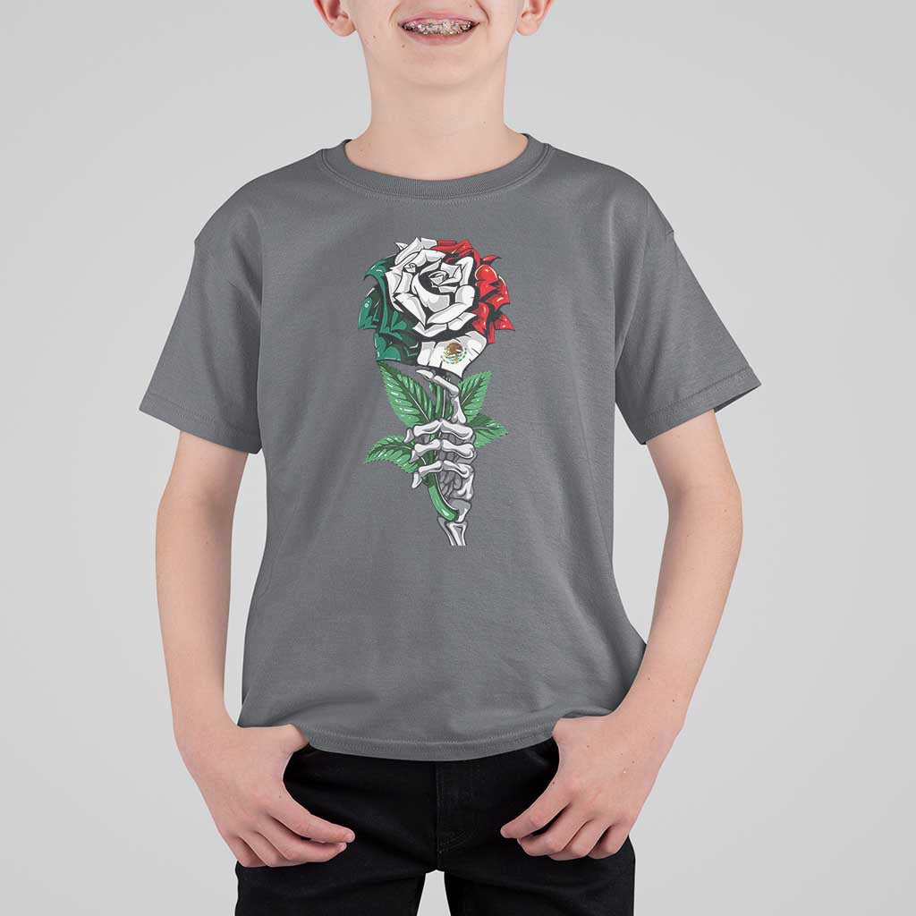 Skeleton Hand Holding Mexico Flag Rose T Shirt For Kid Dia De Los Muertos