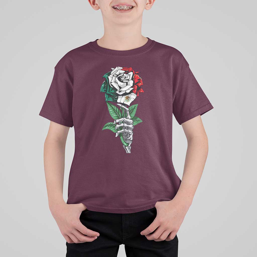 Skeleton Hand Holding Mexico Flag Rose T Shirt For Kid Dia De Los Muertos