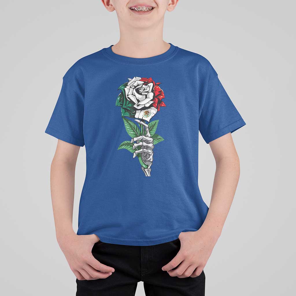 Skeleton Hand Holding Mexico Flag Rose T Shirt For Kid Dia De Los Muertos