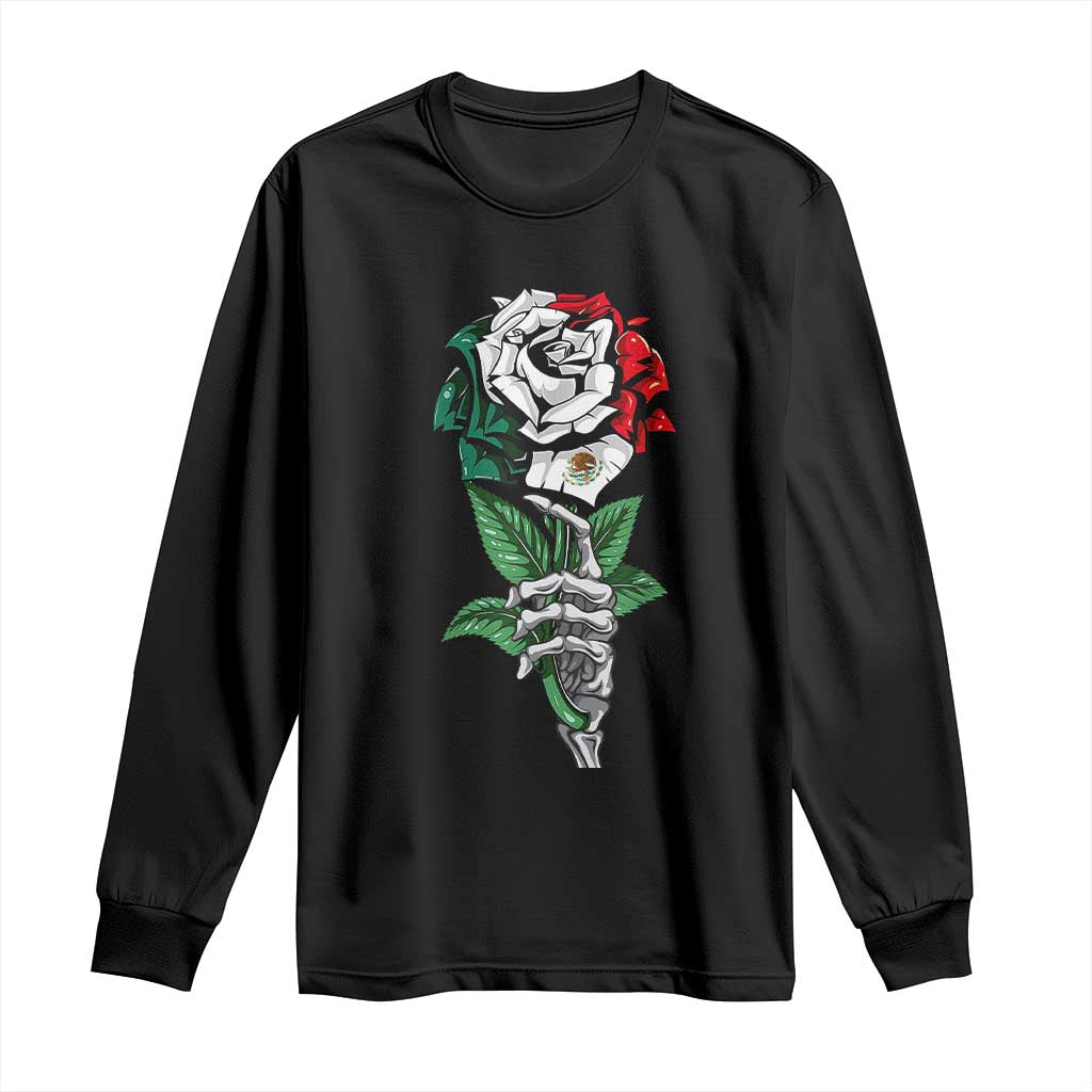 Skeleton Hand Holding Mexico Flag Rose Long Sleeve Shirt Dia De Los Muertos