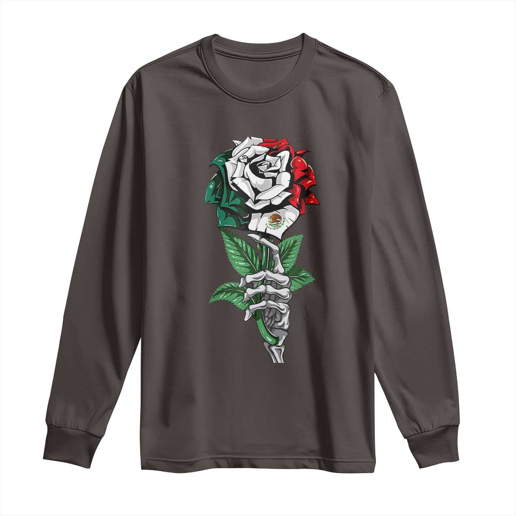 Skeleton Hand Holding Mexico Flag Rose Long Sleeve Shirt Dia De Los Muertos