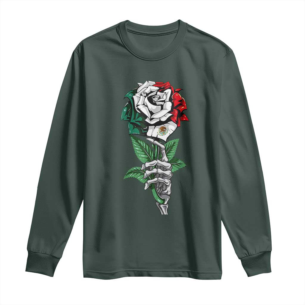Skeleton Hand Holding Mexico Flag Rose Long Sleeve Shirt Dia De Los Muertos