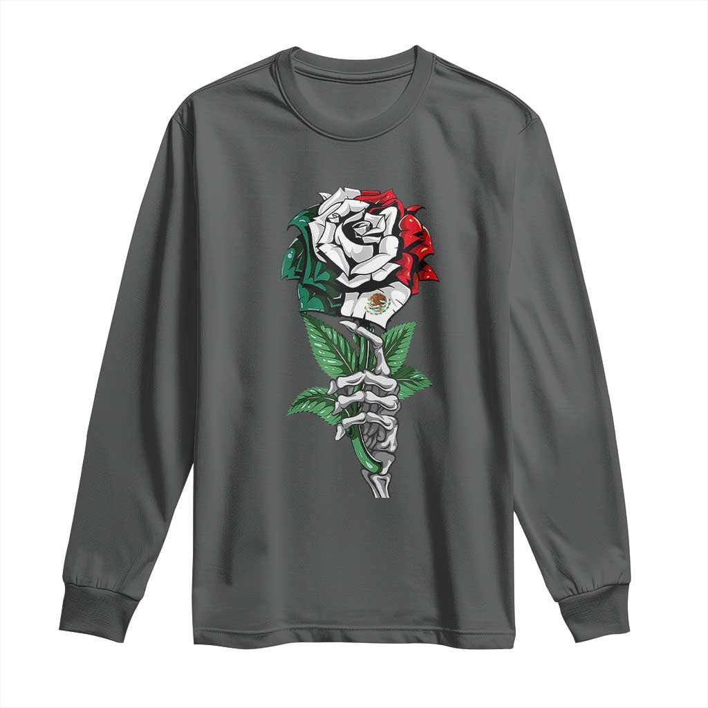 Skeleton Hand Holding Mexico Flag Rose Long Sleeve Shirt Dia De Los Muertos