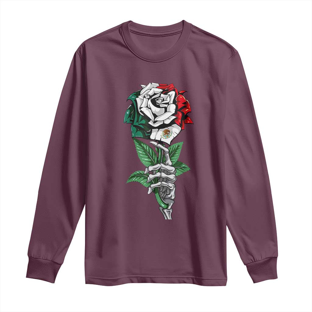 Skeleton Hand Holding Mexico Flag Rose Long Sleeve Shirt Dia De Los Muertos
