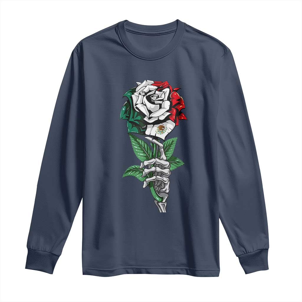 Skeleton Hand Holding Mexico Flag Rose Long Sleeve Shirt Dia De Los Muertos