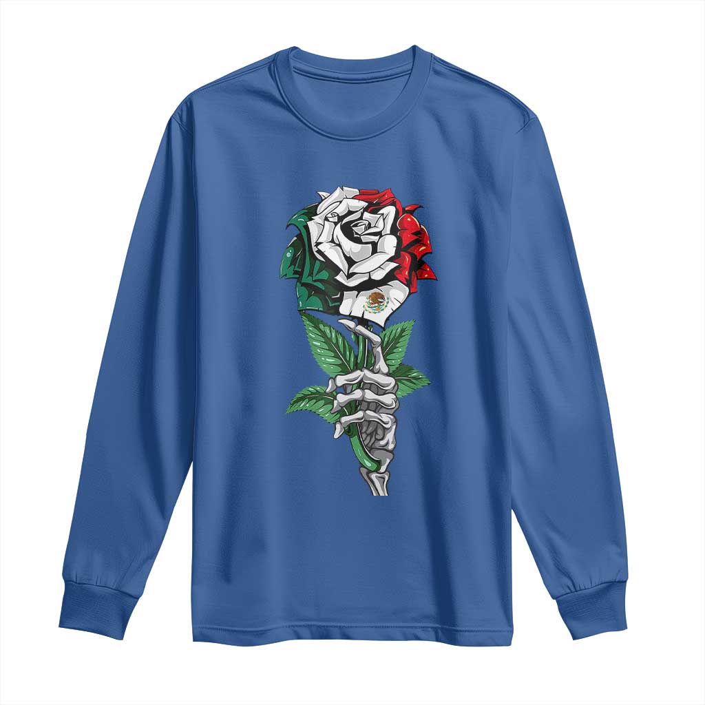 Skeleton Hand Holding Mexico Flag Rose Long Sleeve Shirt Dia De Los Muertos