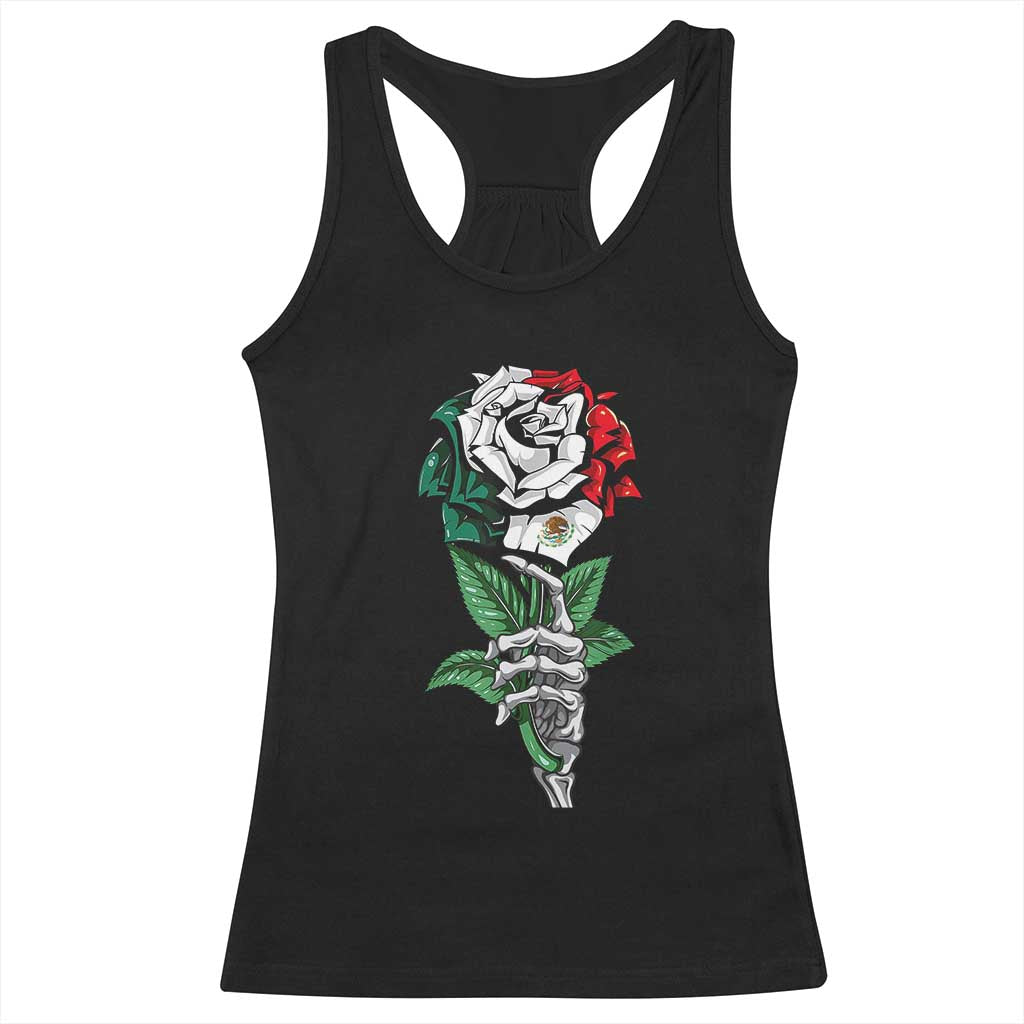 Skeleton Hand Holding Mexico Flag Rose Racerback Tank Top Dia De Los Muertos