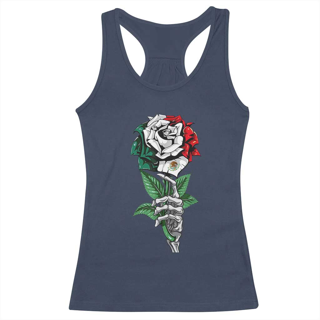 Skeleton Hand Holding Mexico Flag Rose Racerback Tank Top Dia De Los Muertos