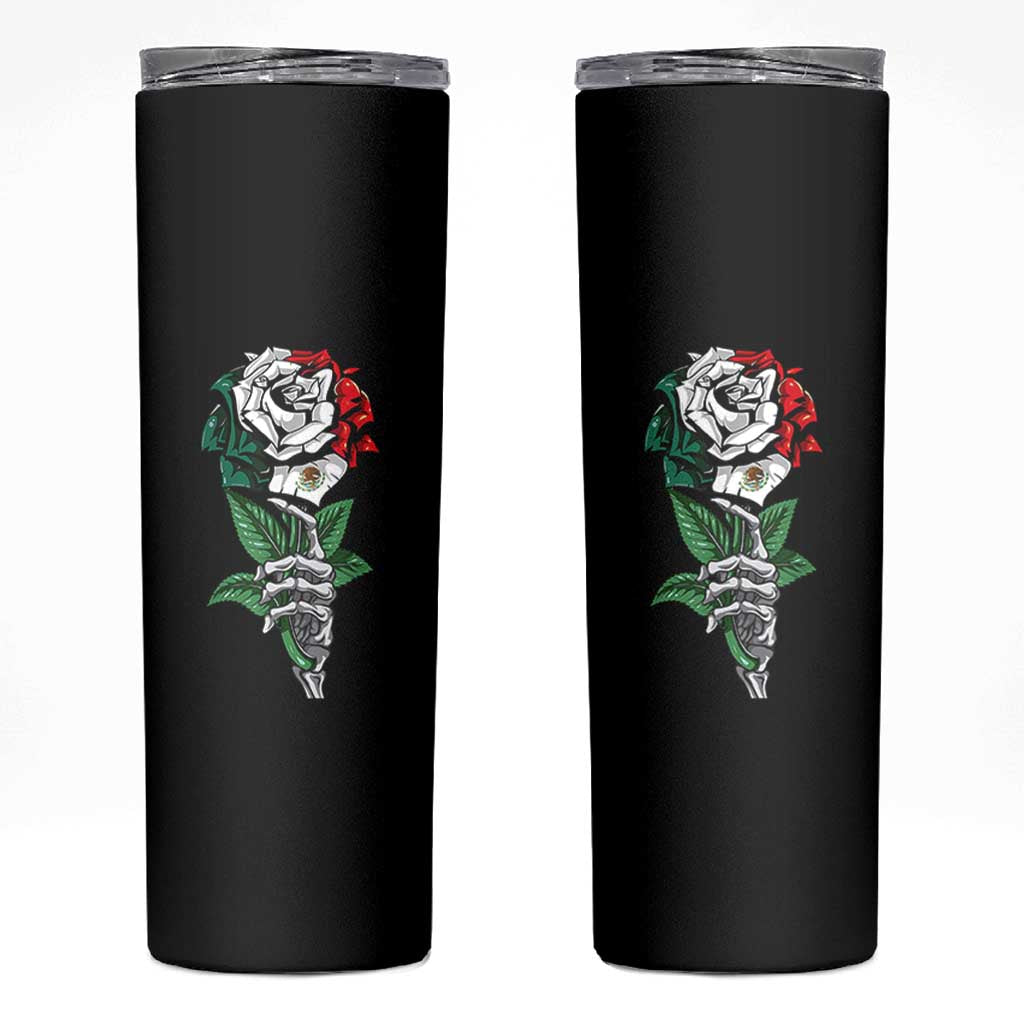 Skeleton Hand Holding Mexico Flag Rose Skinny Tumbler Dia De Los Muertos