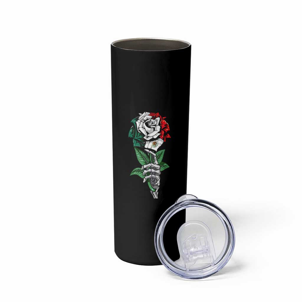 Skeleton Hand Holding Mexico Flag Rose Skinny Tumbler Dia De Los Muertos