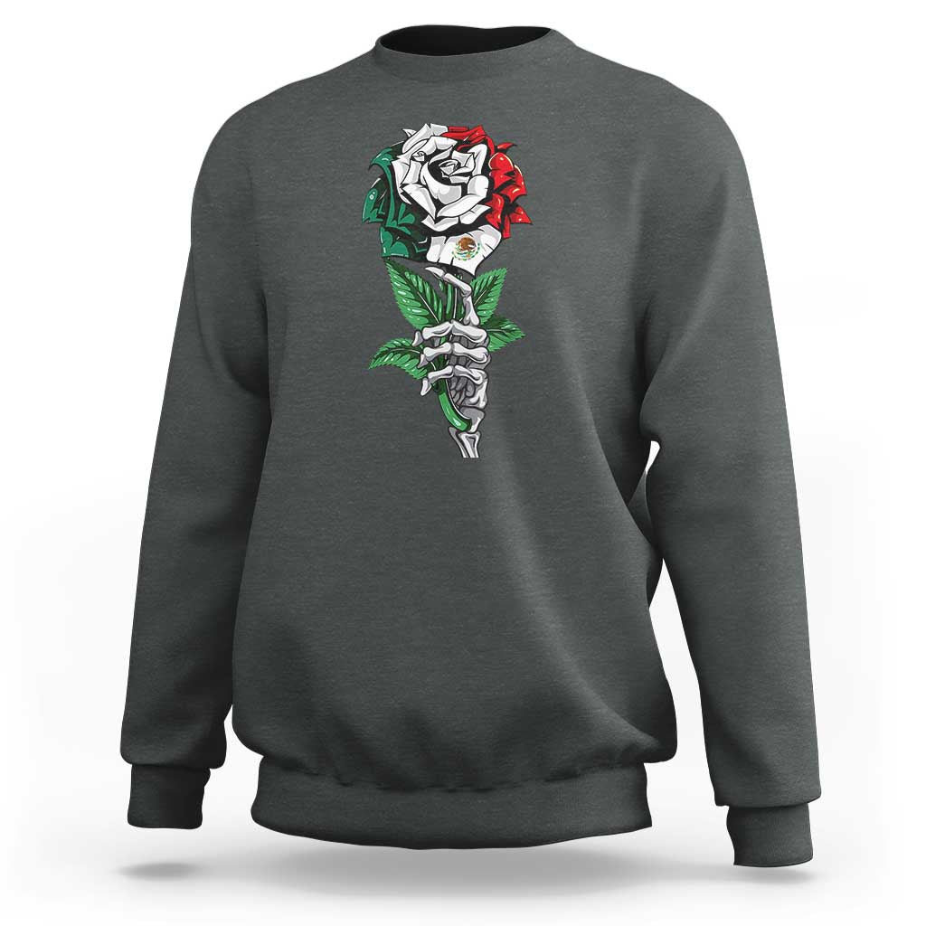 Skeleton Hand Holding Mexico Flag Rose Sweatshirt Dia De Los Muertos
