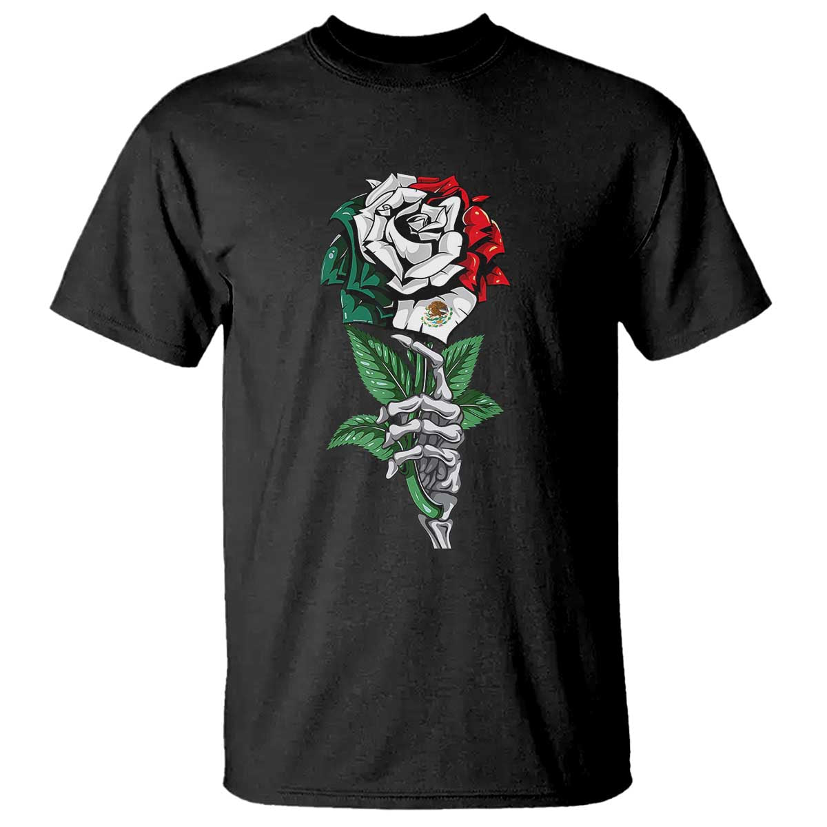 Skeleton Hand Holding Mexico Flag Rose T Shirt Dia De Los Muertos