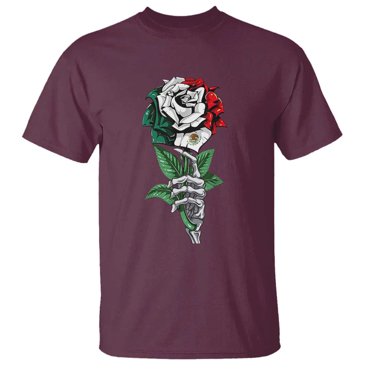 Skeleton Hand Holding Mexico Flag Rose T Shirt Dia De Los Muertos