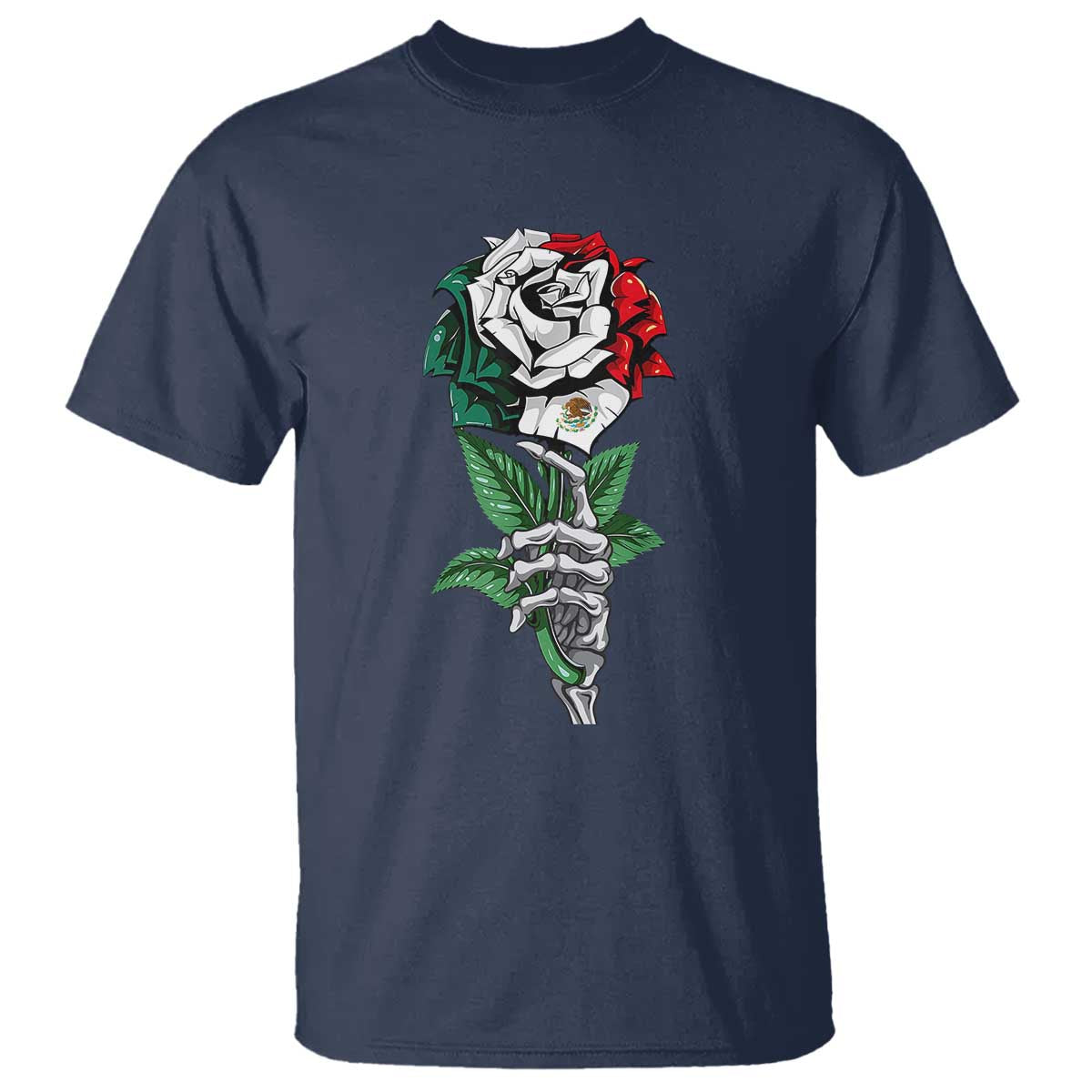 Skeleton Hand Holding Mexico Flag Rose T Shirt Dia De Los Muertos