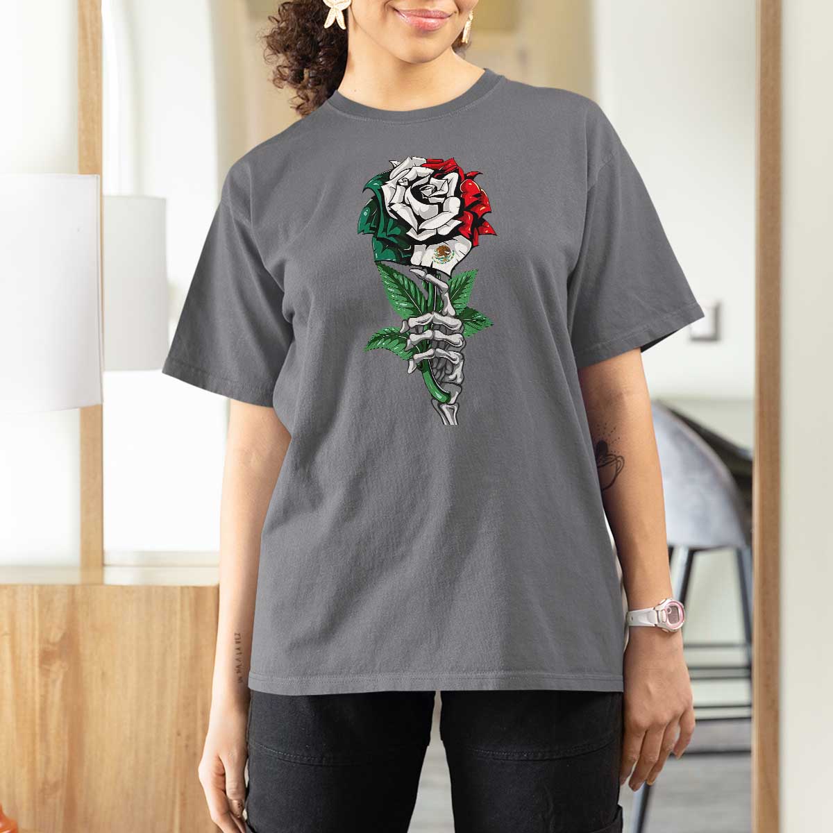 Skeleton Hand Holding Mexico Flag Rose T Shirt For Women Dia De Los Muertos