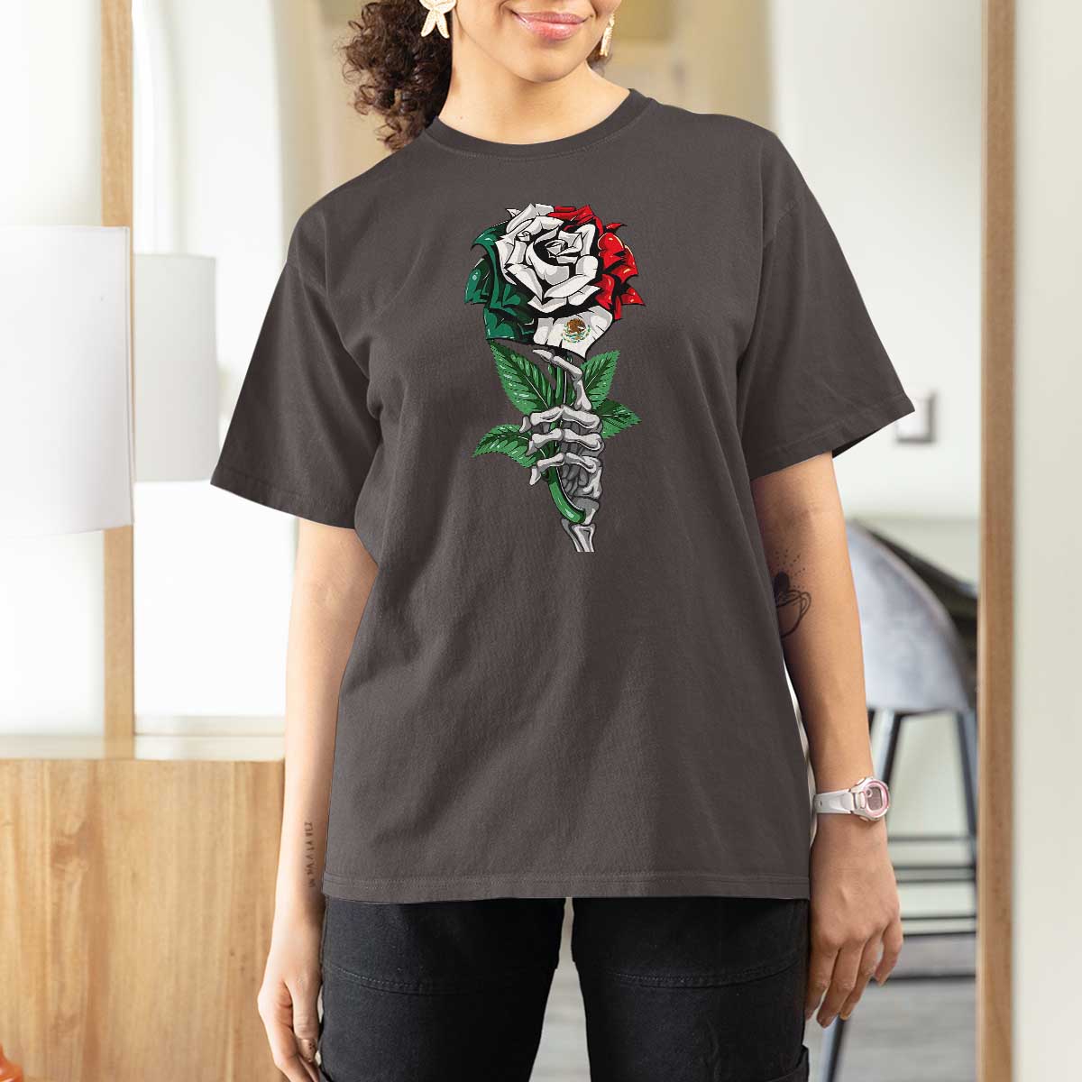 Skeleton Hand Holding Mexico Flag Rose T Shirt For Women Dia De Los Muertos