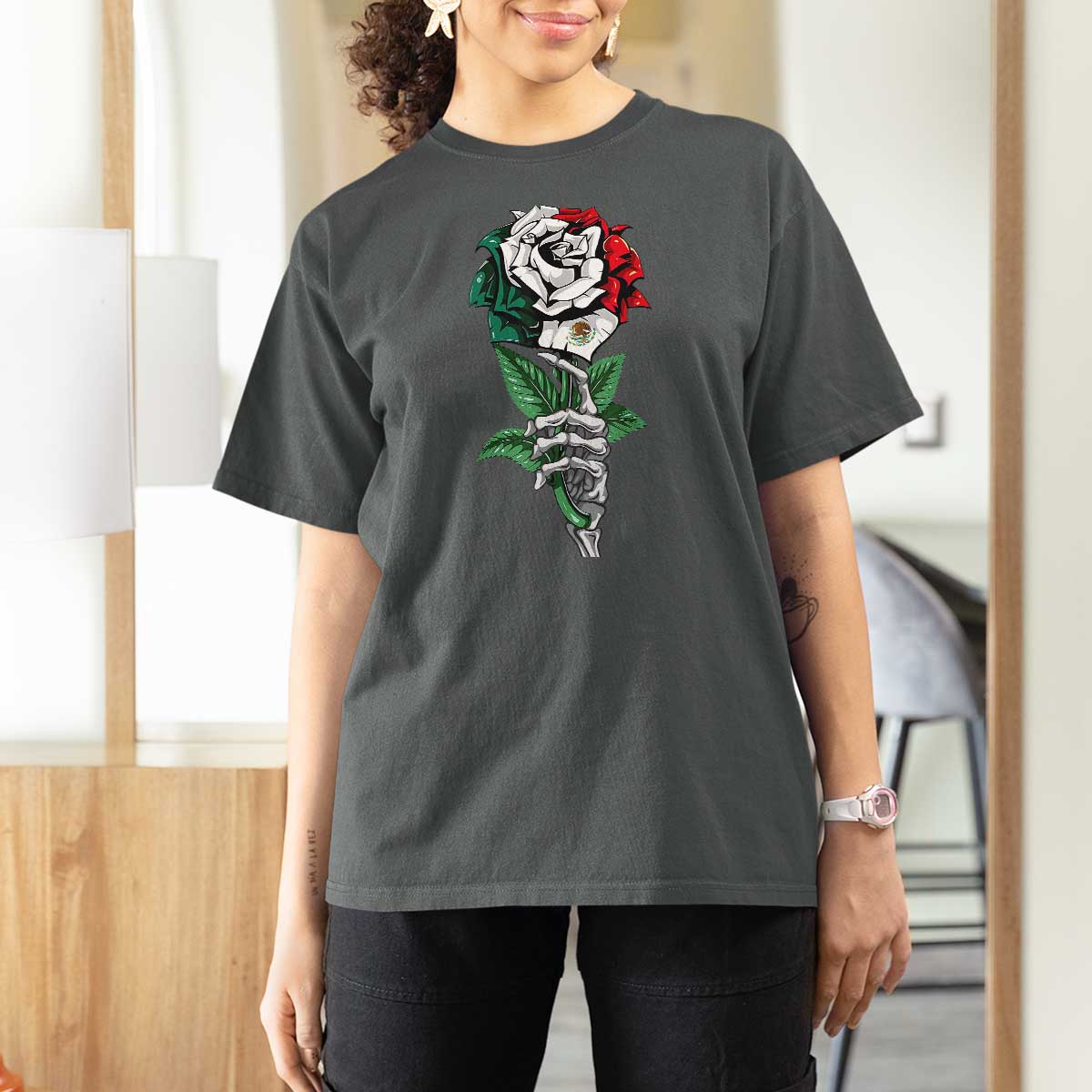 Skeleton Hand Holding Mexico Flag Rose T Shirt For Women Dia De Los Muertos