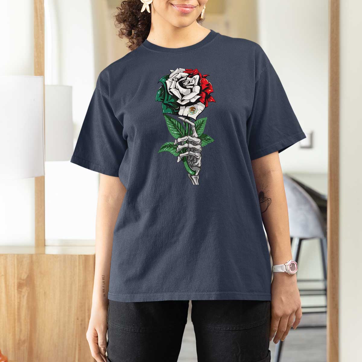 Skeleton Hand Holding Mexico Flag Rose T Shirt For Women Dia De Los Muertos