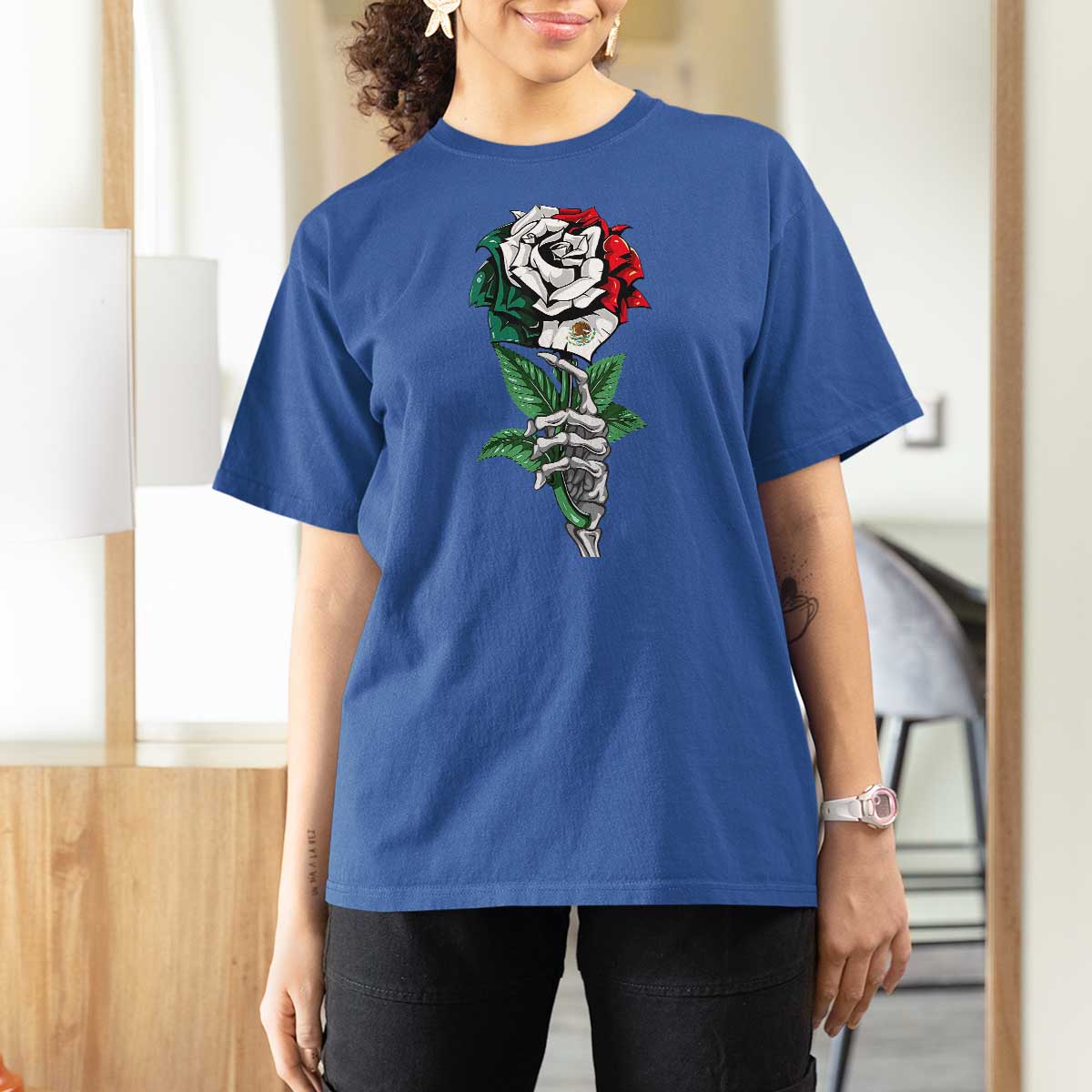 Skeleton Hand Holding Mexico Flag Rose T Shirt For Women Dia De Los Muertos