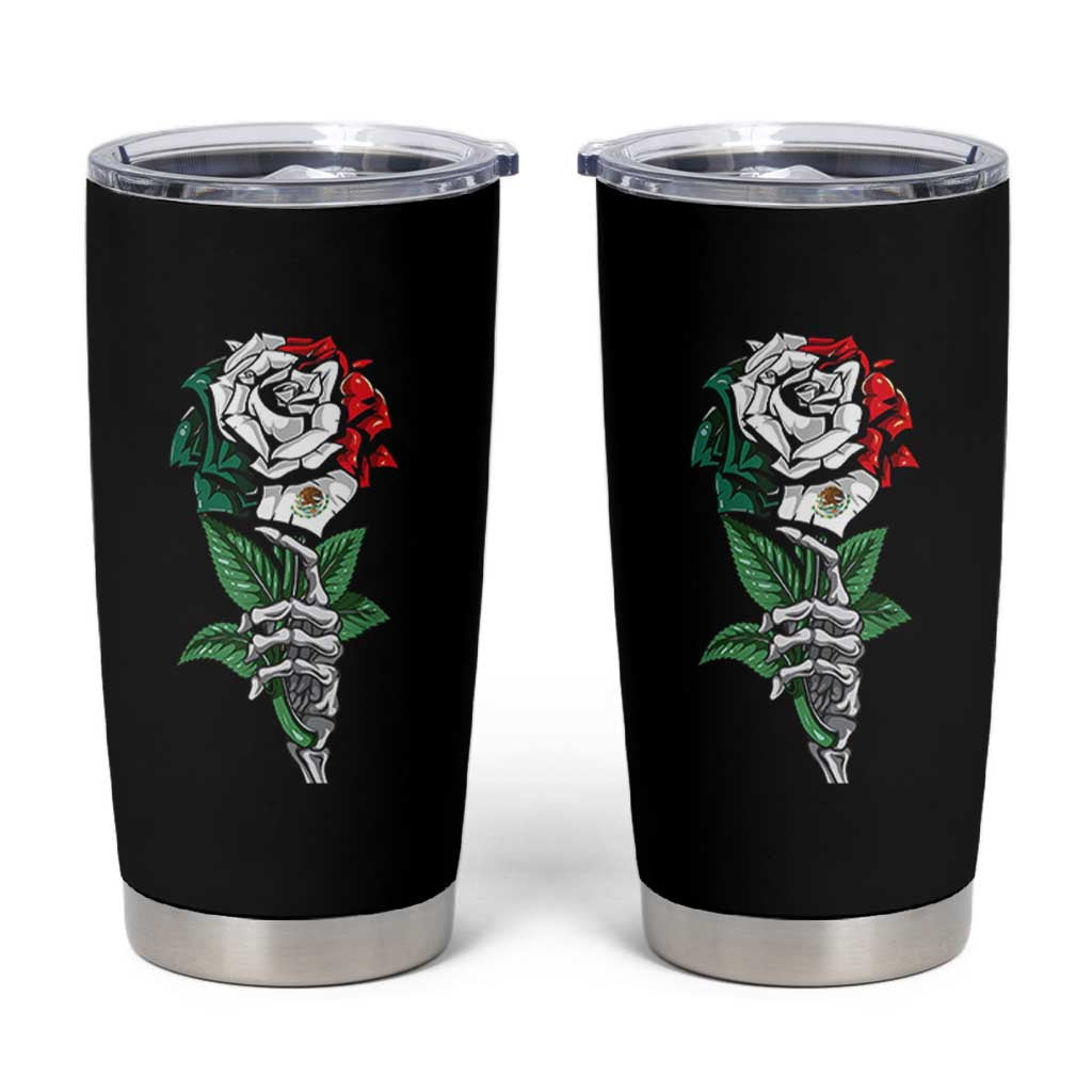 Skeleton Hand Holding Mexico Flag Rose Tumbler Cup Dia De Los Muertos