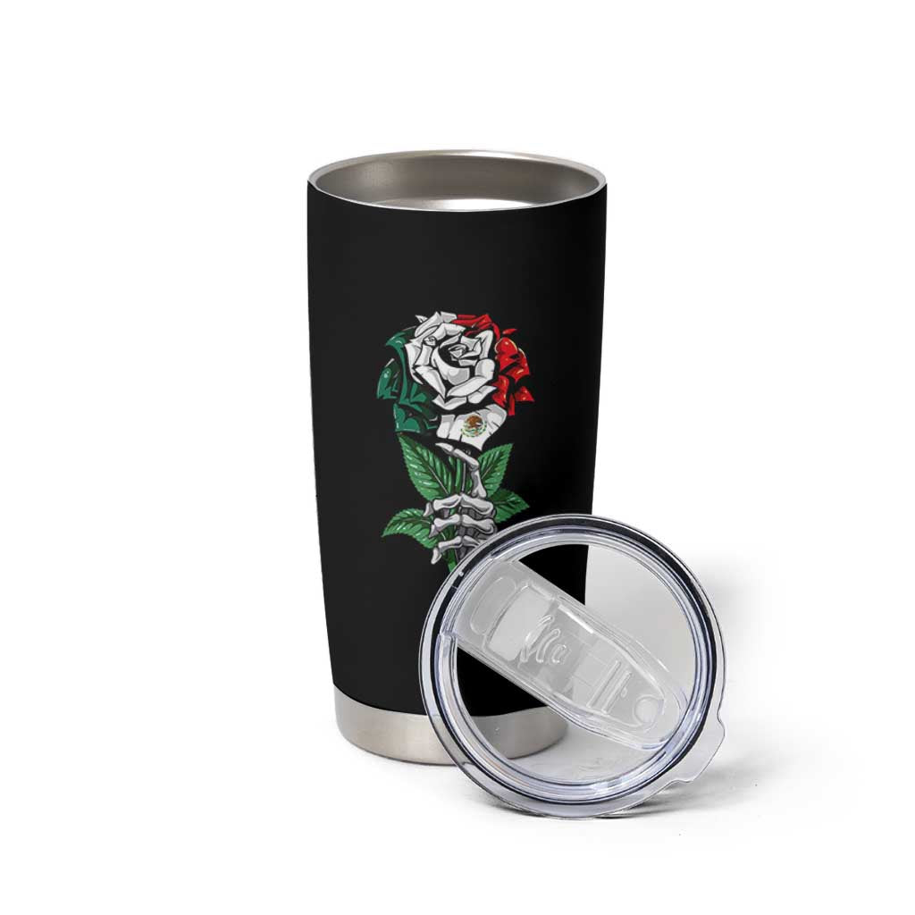Skeleton Hand Holding Mexico Flag Rose Tumbler Cup Dia De Los Muertos