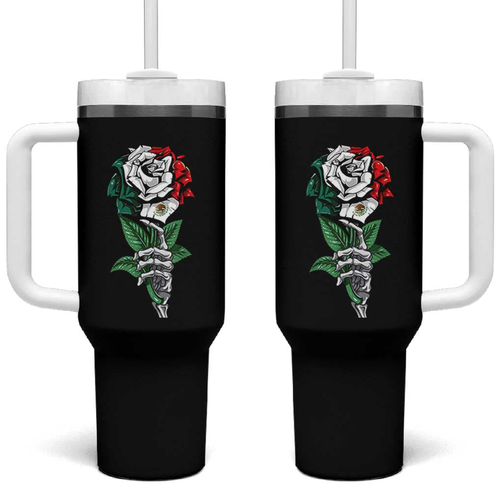 Skeleton Hand Holding Mexico Flag Rose Tumbler With Handle Dia De Los Muertos