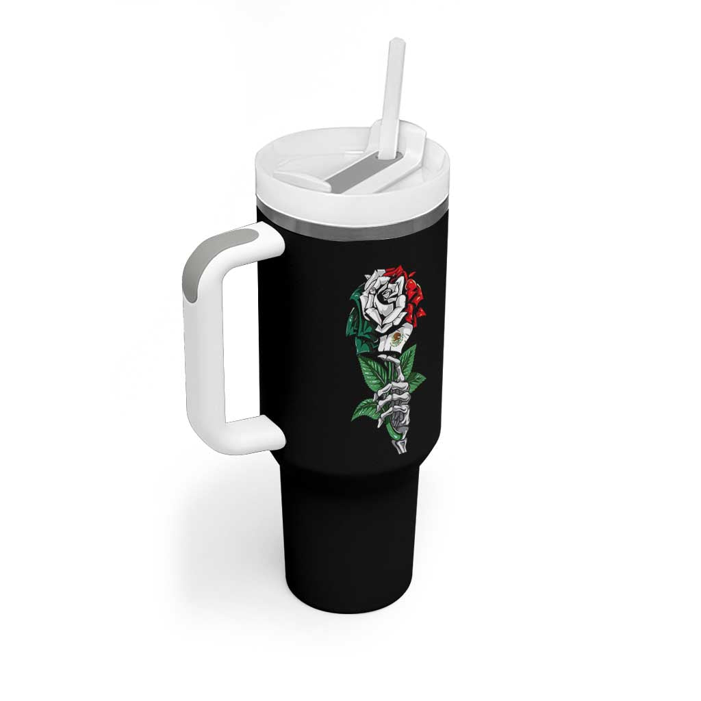 Skeleton Hand Holding Mexico Flag Rose Tumbler With Handle Dia De Los Muertos