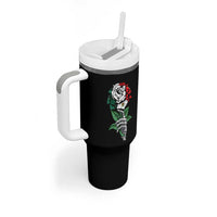Skeleton Hand Holding Mexico Flag Rose Tumbler With Handle Dia De Los Muertos