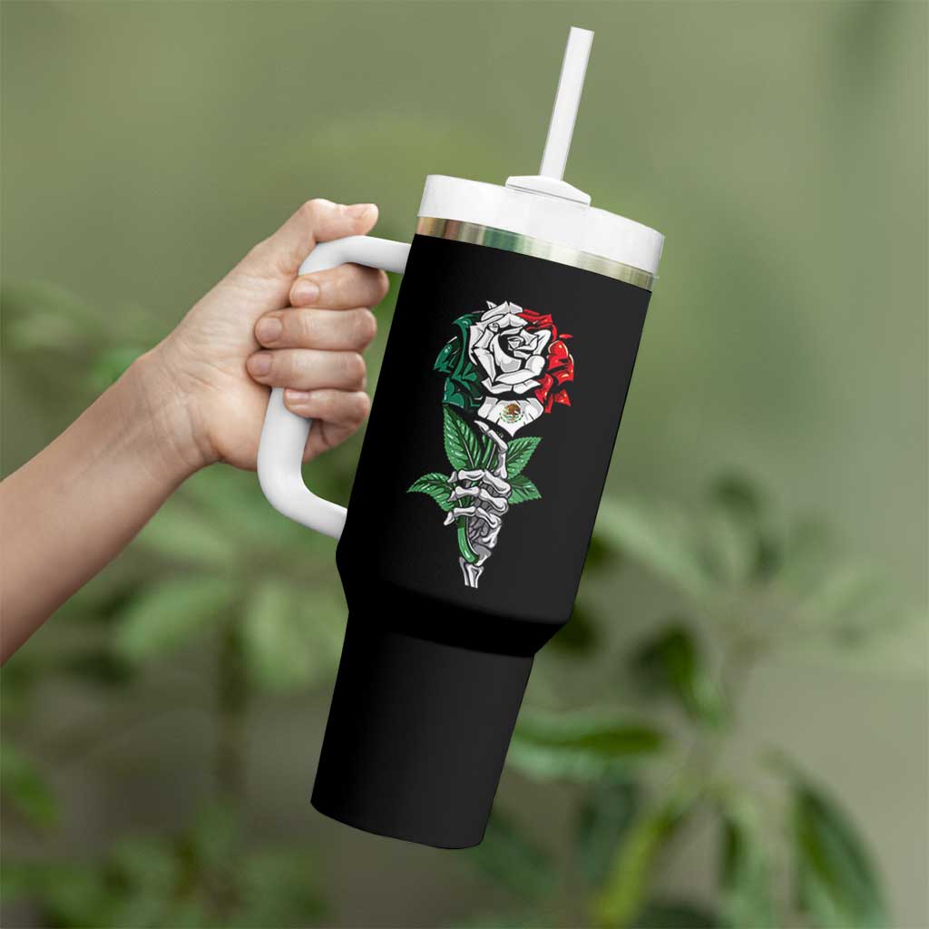 Skeleton Hand Holding Mexico Flag Rose Tumbler With Handle Dia De Los Muertos