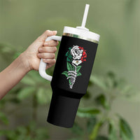 Skeleton Hand Holding Mexico Flag Rose Tumbler With Handle Dia De Los Muertos