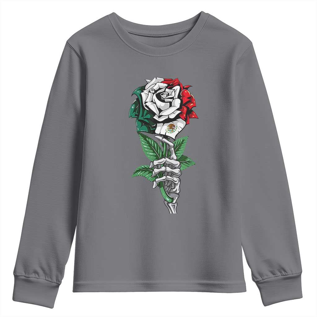 Skeleton Hand Holding Mexico Flag Rose Youth Sweatshirt Dia De Los Muertos