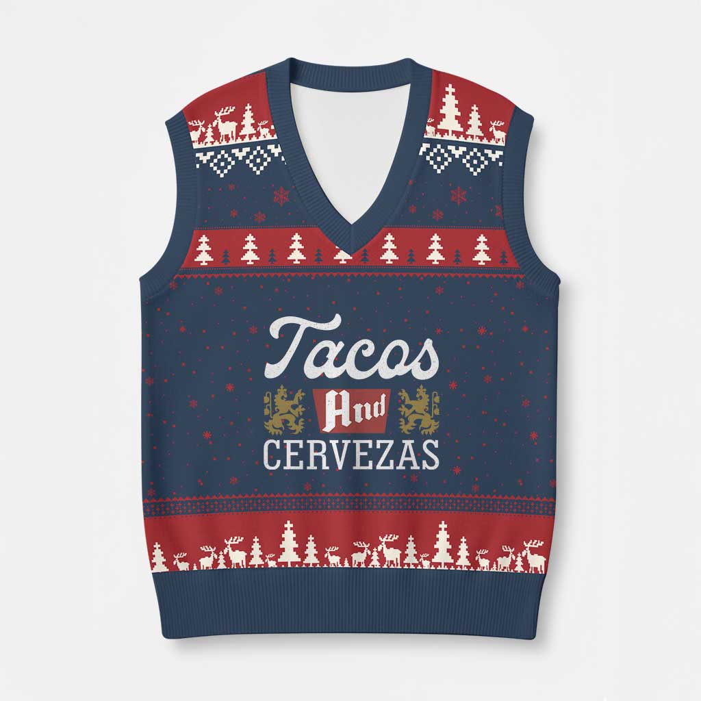 Tacos And Cervezas V-Neck Knit Sweater Vest Mexican Food Beer Humor