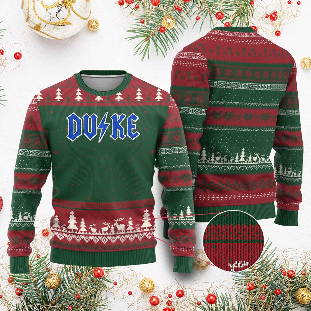 Vintage Duke Last Name Sports Style Ugly Christmas Sweater Vintage Lightning Bold Gothic Font Graphic Basketball Fans