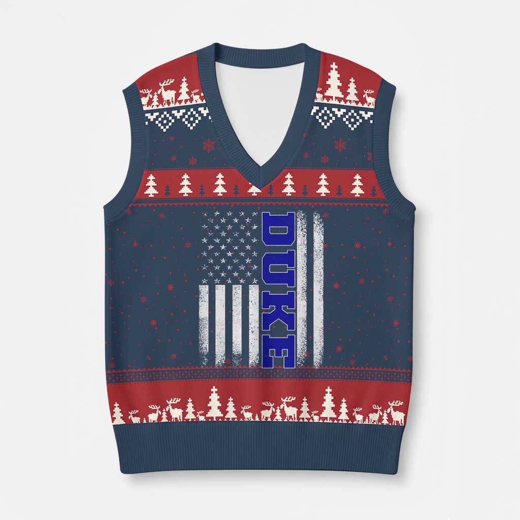 Vintage Duke Name American Flag V-Neck Knit Sweater Vest Retro Sport Basketball Fans