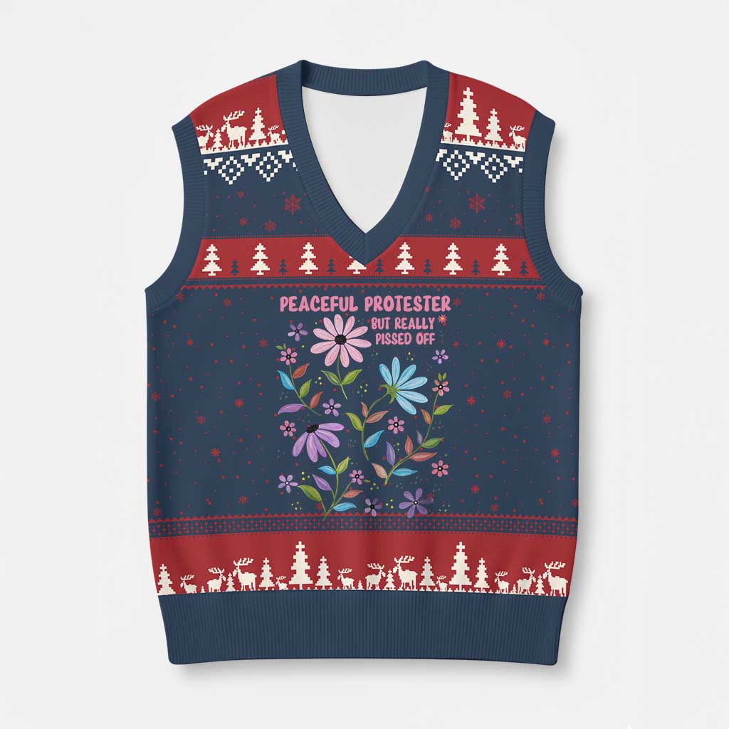 Feminist Protest V-Neck Knit Sweater Vest Peaceful But Pissed Off Floral Resist