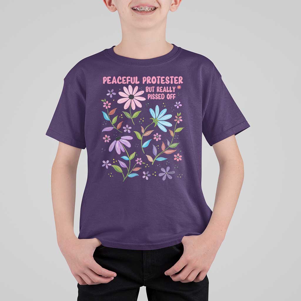 Feminist Protest T Shirt For Kid Peaceful But Pissed Off Floral Resist