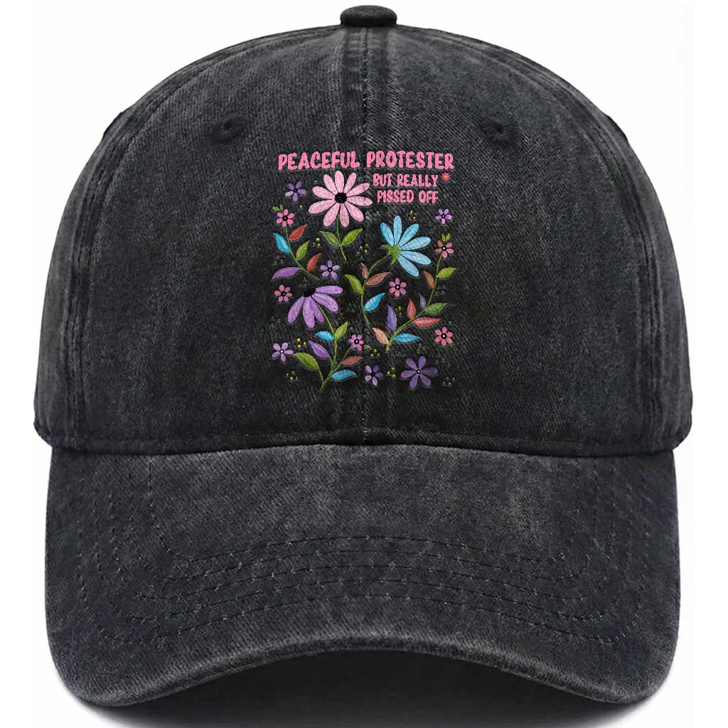 Feminist Protest Washed Cotton Baseball Cap Peaceful But Pissed Off Floral Resist