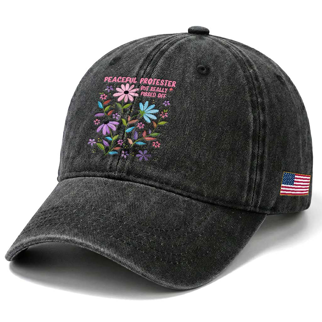 Feminist Protest Washed Cotton Baseball Cap Peaceful But Pissed Off Floral Resist