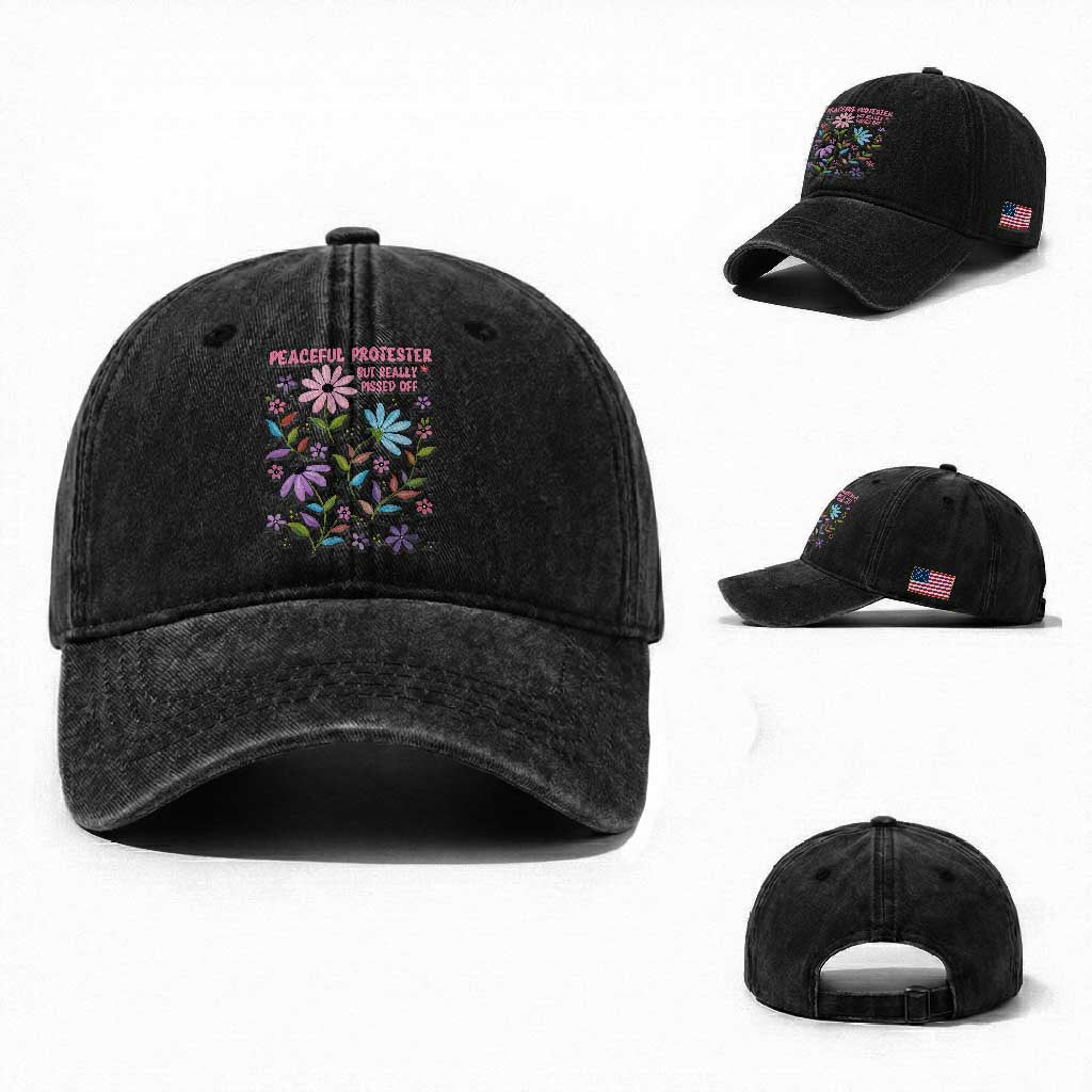 Feminist Protest Washed Cotton Baseball Cap Peaceful But Pissed Off Floral Resist