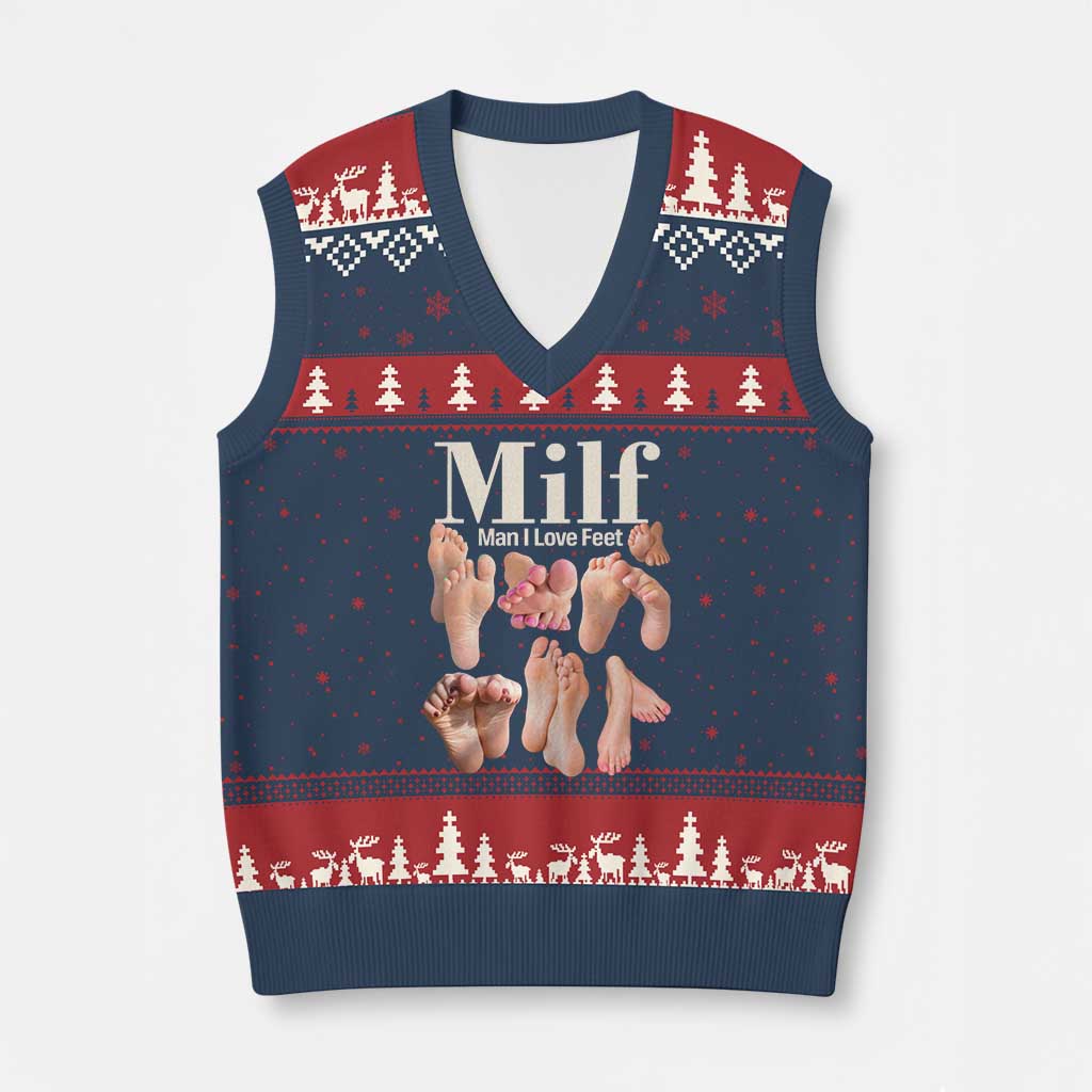 MILF Man I Love Feet V-Neck Knit Sweater Vest Funny Sexy Inappropriate Saying Quote