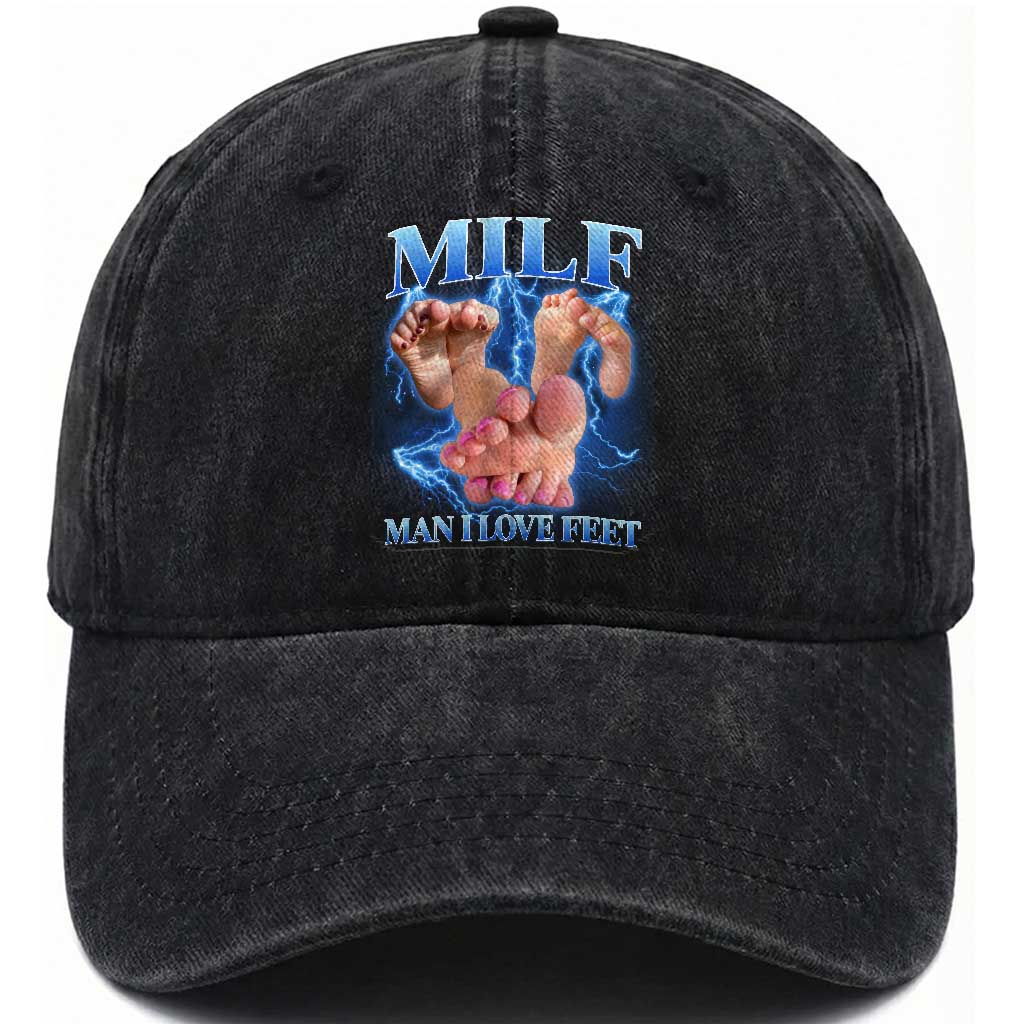 Inappropriate Adult Washed Cotton Baseball Cap Vintage Bootleg MILF Man I Love Feet