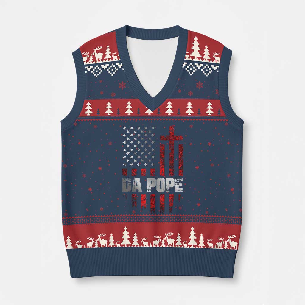 Da Pope Leo XIV V-Neck Knit Sweater Vest From America Chicago America US Flag - Wonder Print Shop