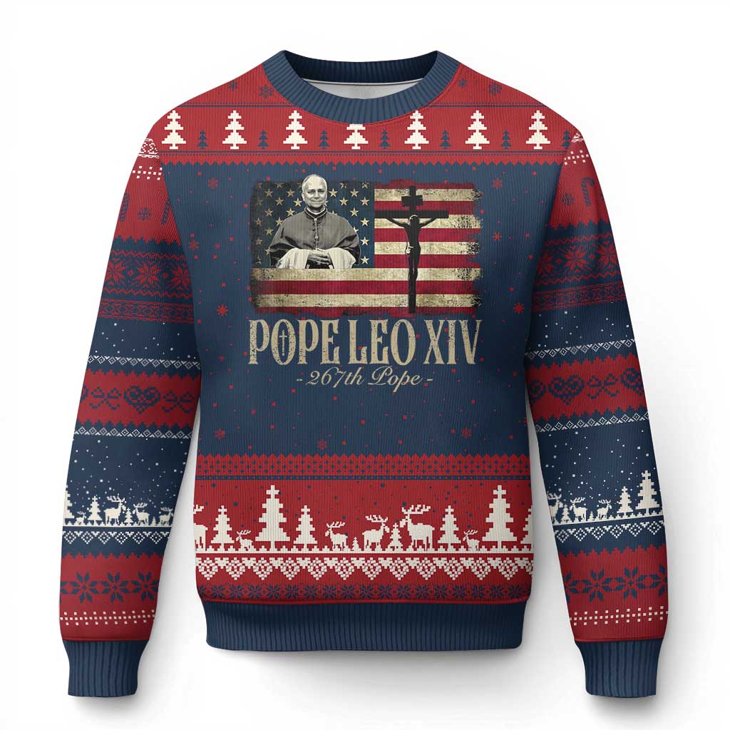 Da Pope Leo XIV Ugly Christmas Sweater From America Chicago USA Flag Cross - Wonder Print Shop