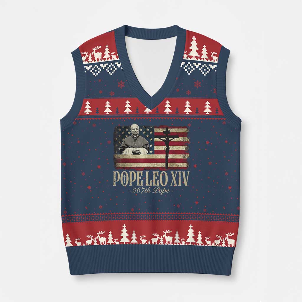 Da Pope Leo XIV V-Neck Knit Sweater Vest From America Chicago USA Flag Cross - Wonder Print Shop