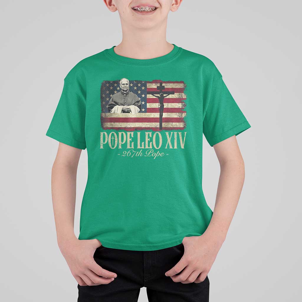 Da Pope Leo XIV T Shirt For Kid From America Chicago USA Flag Cross