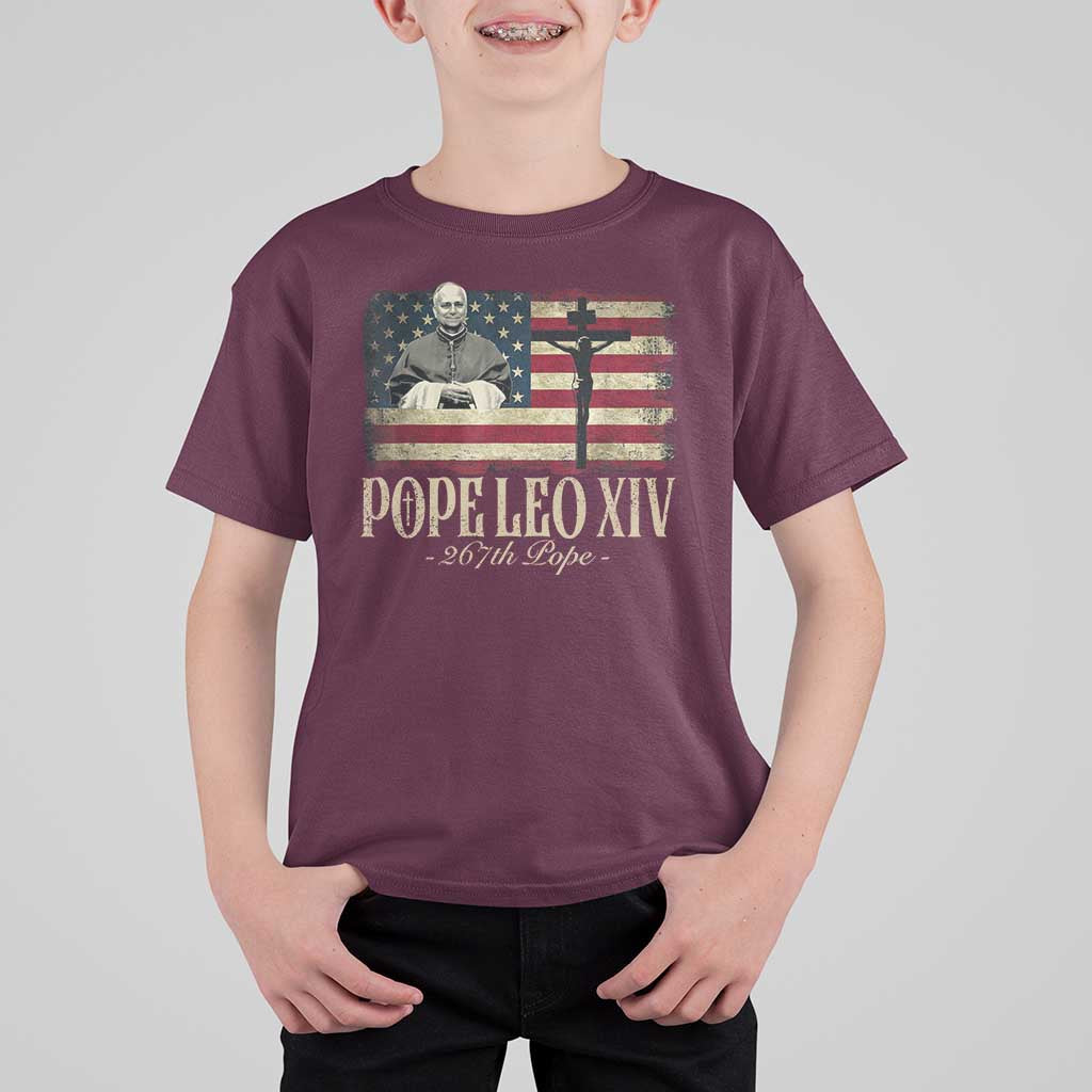Da Pope Leo XIV T Shirt For Kid From America Chicago USA Flag Cross